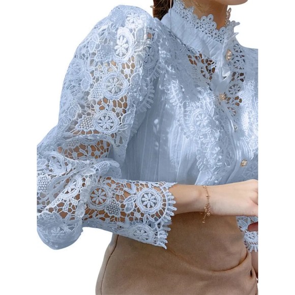 Blouse Lace Puff Sleeve Lantern Sleeve Solid Pleated  Sky Blue / XXL(14) - Picture 4 of 5